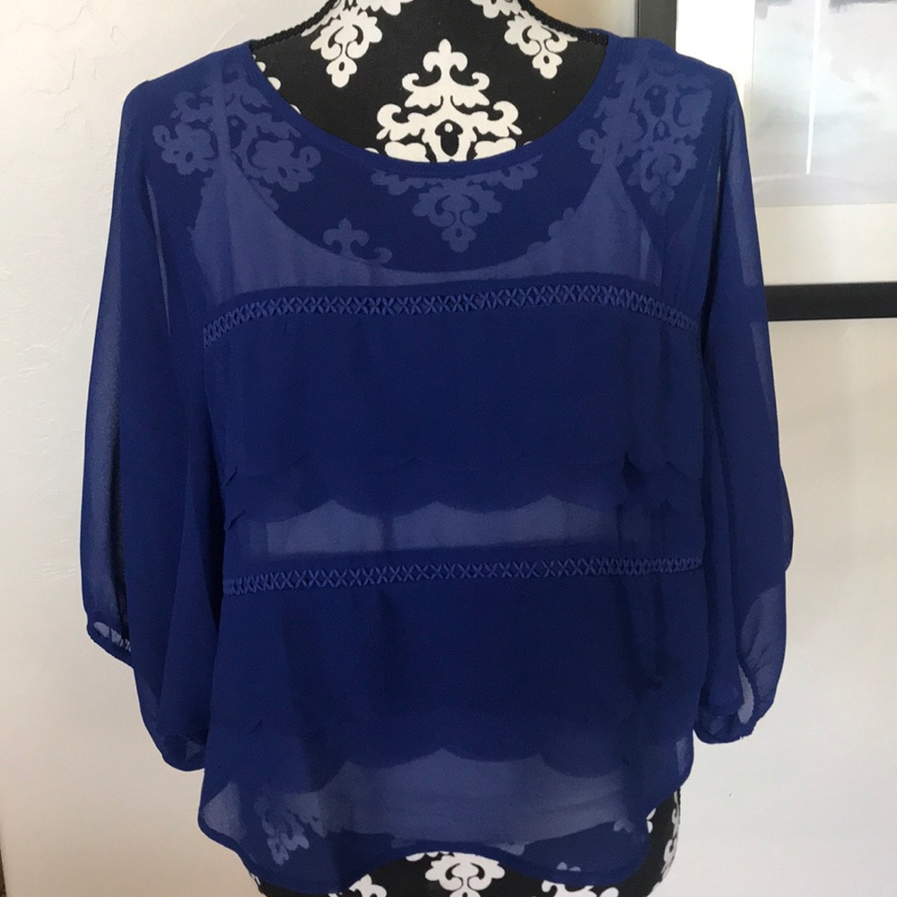 Francesca’s Miami Blue Sheer Batwing Scallop Top M